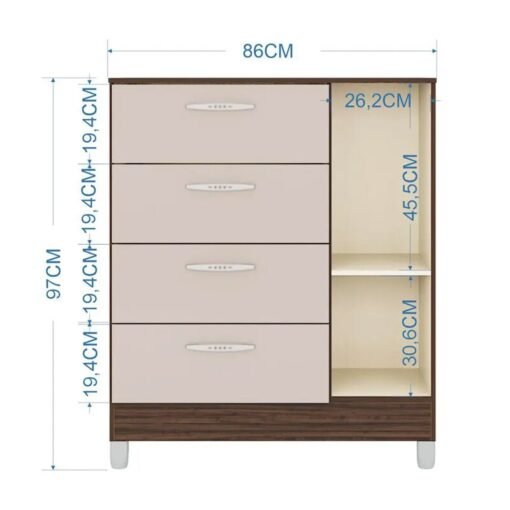 Cômoda com 1 Porta 4 Gavetas Chocolate/Off Larg. 0.86m - Poquema - Imagem 3