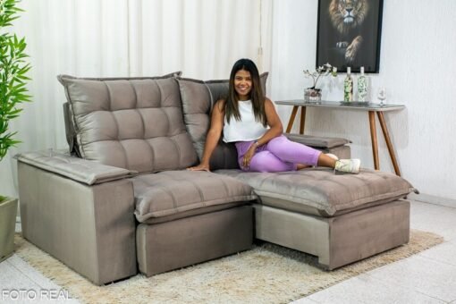 Sofá Retrátil Reclinável Atenas 2.10m Veludo Cinza 813 D33 e Molas Ensacadas - Imagem 9
