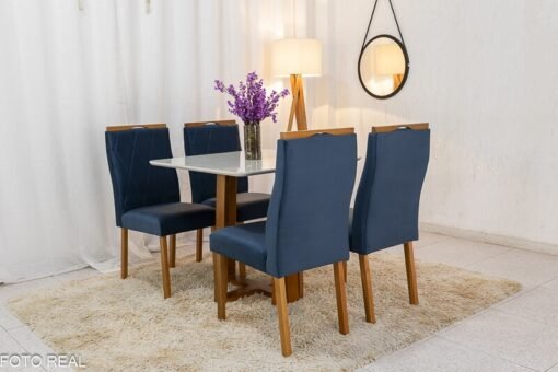 Mesa de Jantar Pedro Mel Vidro Off 90×90 4 Cadeiras Lisboa Veludo Azul 503 Madeira Maciça Art Assento - Entregue Montada - Imagem 3