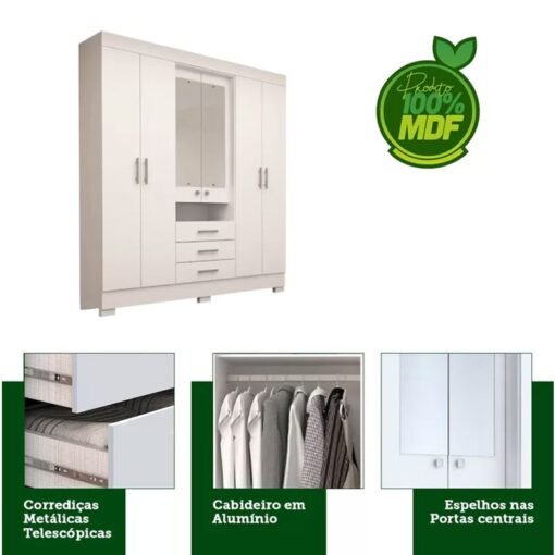 Roupeiro Débora Nature/Off 6 Portas C/ Espelho e Pés 100% MDF Larg. 1.78m - ACP - Imagem 3