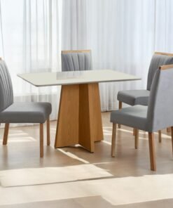 Mesa Dasala 120 Imbuia Mel/Off White com 4 Cadeiras Patrícia 01 Imbuia Mel/Veludo Cinza Prata 148 – CARVALHO DECOR