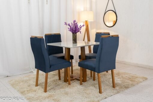 Mesa de Jantar Pedro Mel Vidro Off 90×90 4 Cadeiras Lisboa Veludo Azul 503 Madeira Maciça Art Assento - Entregue Montada - Imagem 2