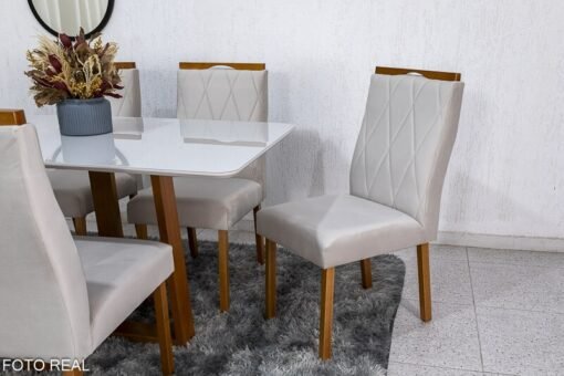 Mesa de Jantar Pedro Mel Vidro Off 160×80 6 Cadeiras Lisboa Veludo Bege 512 Madeira Maciça Art Assento - Entregue Montada - Imagem 4