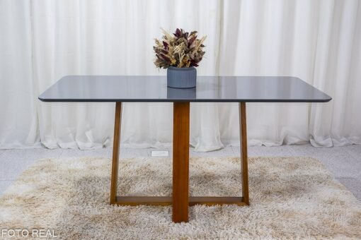 Mesa de Jantar Pedro Mel Vidro Grafite 160×80 6 Cadeiras Lisboa Veludo Cinza 507 Madeira Maciça Art Assento - Entregue Montada - Imagem 6