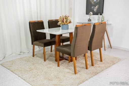 Mesa de Jantar Pedro Mel Vidro Off 120×80 4 Cadeiras Lisboa Veludo Marrom 509 Madeira Maciça Art Assento - Entregue Montada - Imagem 3
