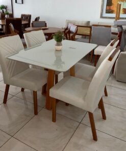 Mesa Pedro 90 Mel/Off White com 4 Cadeiras Helena Veludo Bege – ART ASSENTOS + OURO DECOR