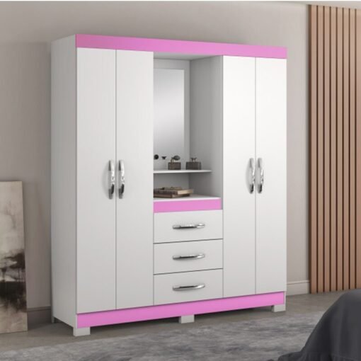 Guarda-Roupa Solteiro 4 portas NT 5015 Branco/Rosa Flex Com Pés Notável
