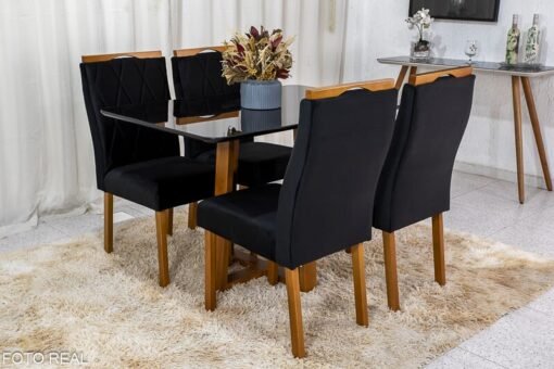 Mesa de Jantar Pedro Mel Vidro Preto 120×80 4 Cadeiras Lisboa Veludo Preto 504 Madeira Maciça Art Assento - Entregue Montada - Imagem 3