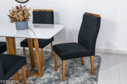 Mesa de Jantar Pedro Mel Vidro Off 120×80 4 Cadeiras Lisboa Veludo Preto 504 Madeira Maciça Art Assento - Entregue Montada - Imagem 4