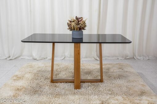 Mesa de Jantar Pedro Mel Vidro Preto 160×80 6 Cadeiras Lisboa Veludo Preto 504 Madeira Maciça Art Assento - Entregue Montada - Imagem 5