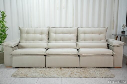 Sofá Retrátil Reclinável Emanuelly Veludo Bege 01 Larg. 3.20m  - D28 Soft - Imagem 4