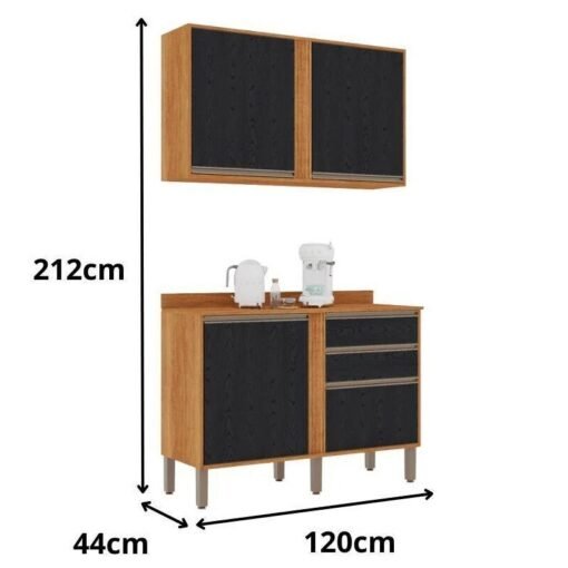 Balcão Pérola Cinamomo/Preto 1.20m + Aéreo Pérola 2 Portas Cinamomo/Preto 1.20m - Sallêto - Imagem 4