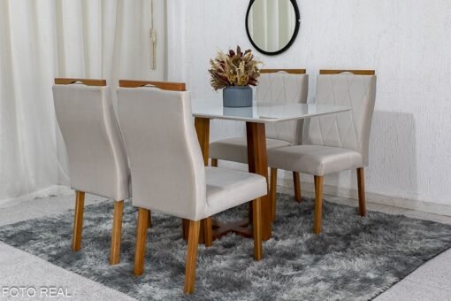 Mesa de Jantar Pedro Mel Vidro Off 120×80 4 Cadeiras Lisboa Veludo Bege 512 Madeira Maciça Art Assento - Entregue Montada - Imagem 3