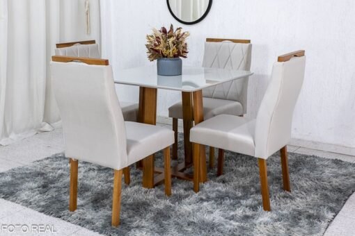 Mesa de Jantar Pedro Mel Vidro Off 90×90 4 Cadeiras Lisboa Veludo Bege 512 Madeira Maciça Art Assento - Entregue Montada - Imagem 3