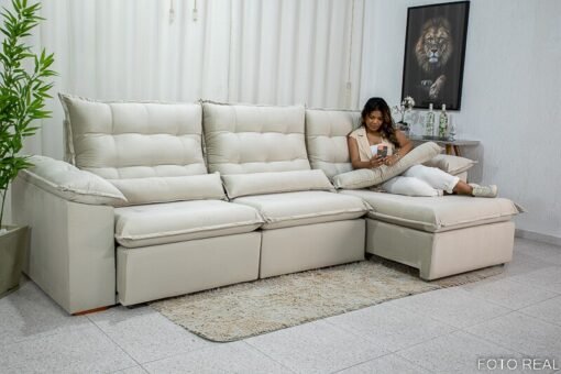 Sofá Retrátil Reclinável Emanuelly Veludo Bege 01 Larg. 3.20m  - D28 Soft - Imagem 8