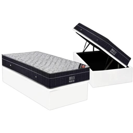Colchão Solteiro Airtech Progressive D26 + Base Box Baú Corino Branco – ORTOBOM + ALTO NÍVEL CAMAS E COLCHÕES