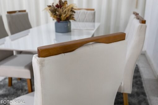 Mesa de Jantar Pedro Mel Vidro Off 160×80 6 Cadeiras Lisboa Veludo Bege 512 Madeira Maciça Art Assento - Entregue Montada - Imagem 5