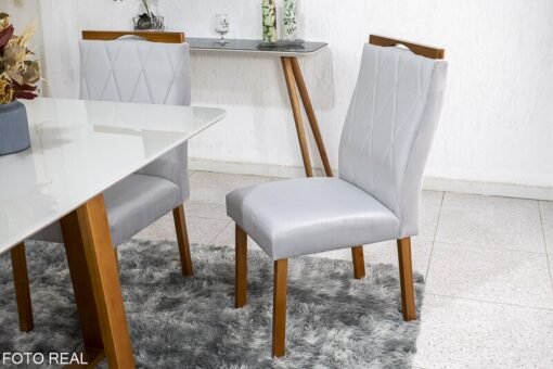 Mesa de Jantar Pedro Mel Vidro Off 120×80 4 Cadeiras Lisboa Veludo Prata 514 Madeira Maciça Art Assento - Entregue Montada - Imagem 4