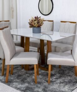 Mesa de Jantar Pedro Mel Vidro Off 160×80 6 Cadeiras Lisboa Veludo Bege 512 Madeira Maciça Art Assento - Entregue Montada