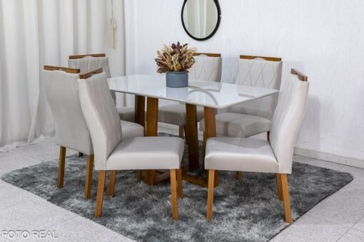 Mesa de Jantar Pedro Mel Vidro Off 160×80 6 Cadeiras Lisboa Veludo Bege 512 Madeira Maciça Art Assento - Entregue Montada