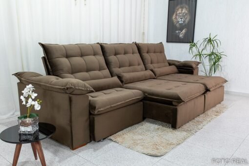 Sofá Retrátil Reclinável Emanuelly Veludo Marrom 19 Larg. 3.20m - D28 Soft - Imagem 2