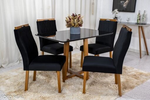 Mesa de Jantar Pedro Mel Vidro Preto 120×80 4 Cadeiras Lisboa Veludo Preto 504 Madeira Maciça Art Assento - Entregue Montada