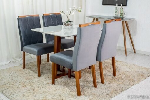 Mesa de Jantar Pedro Mel Vidro Off 90×90 4 Cadeiras Lisboa Veludo Cinza 507 Madeira Maciça Art Assento - Entregue Montada - Imagem 2