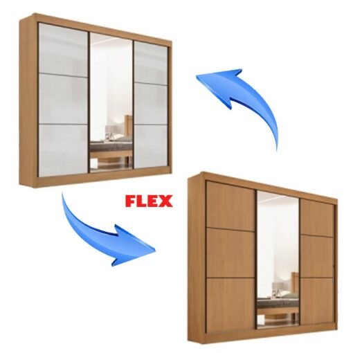 Roupeiro Casal Cristal Cinamomo/Off 3 Portas 6 Gavetas C/ 1 Espelho Portas Flex 100% MDF Larg. 2.42m - D Doro - Imagem 5