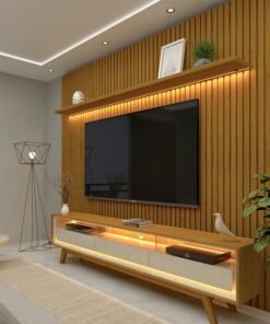 Rack Requinte Naturale/off Larg. 2.12m + Painel Nobre Naturale Ripado C/ Led 100% MDF TV até 85 Polegadas Larg. 2.30m - Gelius