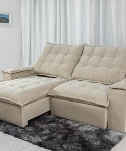 Sofá Retrátil Reclinável Atenas Veludo Bege 818 Larg. 2.30m - D33 e Molas Ensacadas