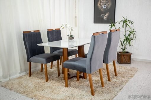 Mesa de Jantar Pedro Mel Vidro Off 120×80 4 Cadeiras Lisboa Veludo Cinza 507 Madeira Maciça Art Assento - Entregue Montada - Imagem 2