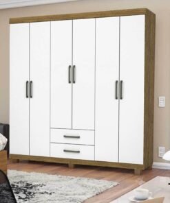 Roupeiro Solteiro Áries Cinamomo/Branco 6 Portas 2 Gavetas C/Pés Larg. 1.53m - Carioca