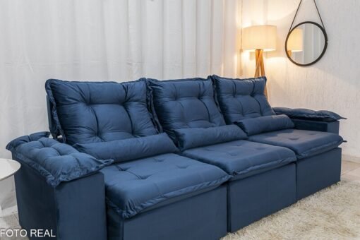 Sofá Retrátil Reclinável Grécia Veludo Azul Larg. 2.70m  - Sem Caixa - Imagem 6