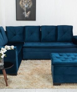 Sofá Canto 5 lugares com Puff Alemanha Veludo Azul A16