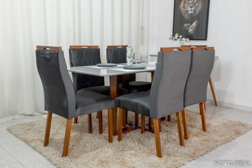 Mesa de Jantar Pedro Mel Vidro Off 160×80 6 Cadeiras Lisboa Veludo Cinza 507 Madeira Maciça Art Assento - Entregue Montada - Imagem 2