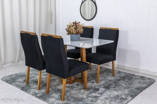 Mesa de Jantar Pedro Mel Vidro Off 120×80 4 Cadeiras Lisboa Veludo Preto 504 Madeira Maciça Art Assento - Entregue Montada - Imagem 2