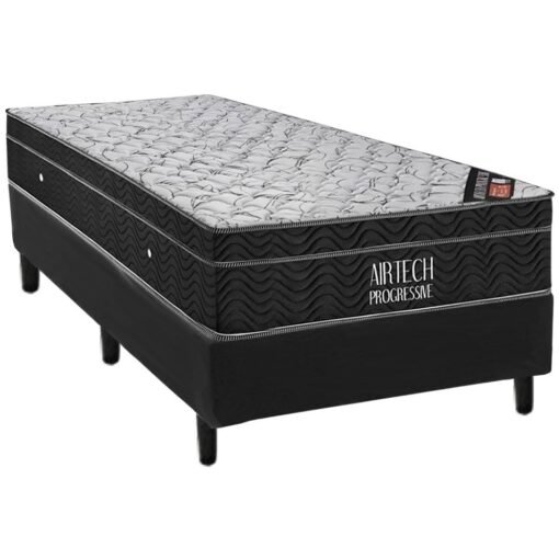 Colchão Solteiro Airtech Progressive D26 + Base Box Simples Corino Preto – ORTOBOM + ALTO NÍVEL CAMAS E COLCHÕES