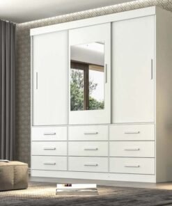 Guarda-Roupa Casal New Star 3 Portas 9 Gavetas Branco c/Espelho Larg. 1.80m Sallêto