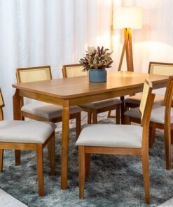 Mesa de Jantar Alegra Tampo Cinamomo 160×80 6 Cadeiras Jade Linho Bege 29011 JCM Madeira Maciça