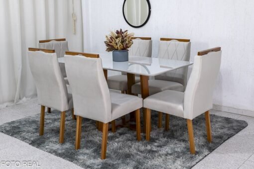 Mesa de Jantar Pedro Mel Vidro Off 160×80 6 Cadeiras Lisboa Veludo Bege 512 Madeira Maciça Art Assento - Entregue Montada - Imagem 3