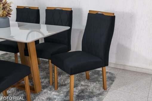 Mesa de Jantar Pedro Mel Vidro Off 160×80 6 Cadeiras Lisboa Veludo Preto 504 Madeira Maciça Art Assento - Entregue Montada - Imagem 4