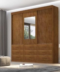 Guarda-Roupa Casal New Star 3 Portas Ripado 3D 9 Gavetas Com Espelho Cinamomo Sallêto