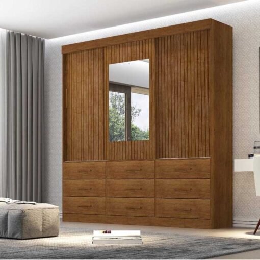 Guarda-Roupa Casal New Star 3 Portas Ripado 3D 9 Gavetas Com Espelho Cinamomo Sallêto