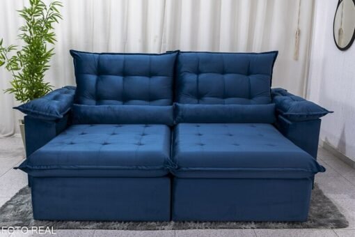 Sofá Retrátil Reclinável 2.00m Emanuelly Veludo Azul 03 D28 Soft - Imagem 4