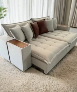 Sofá Cama Retrátil Thebas/Gabriela 2,30 m Linho Cru 304/Courino Dalas - ZARAT ESTOFADOS