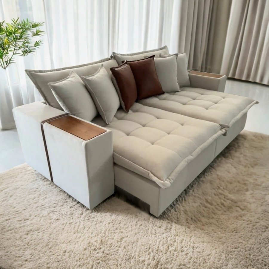 Sofá Cama Retrátil Tebas/Thebas/Gabriela 2,30 m Linho Cru 304/Courino Dalas - ZARAT ESTOFADOS