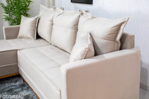 Sofá 3 Lug. Milão C/Chaise Lado Direito Veludo Bege 818 Larg. 2.30m - Molas Ensacadas - Imagem 3