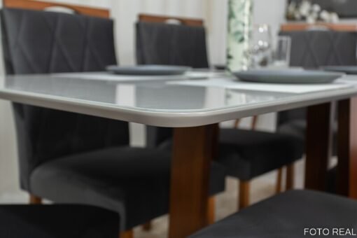 Mesa de Jantar Pedro Mel Vidro Off 160×80 6 Cadeiras Lisboa Veludo Cinza 507 Madeira Maciça Art Assento - Entregue Montada - Imagem 4