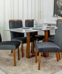 Mesa de Jantar Pedro Mel Vidro Off 160×80 6 Cadeiras Lisboa Veludo Cinza 507 Madeira Maciça Art Assento - Entregue Montada
