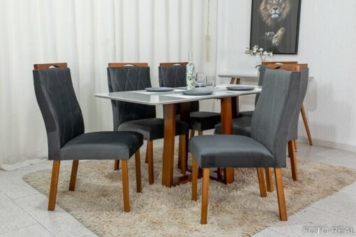 Mesa de Jantar Pedro Mel Vidro Off 160×80 6 Cadeiras Lisboa Veludo Cinza 507 Madeira Maciça Art Assento - Entregue Montada